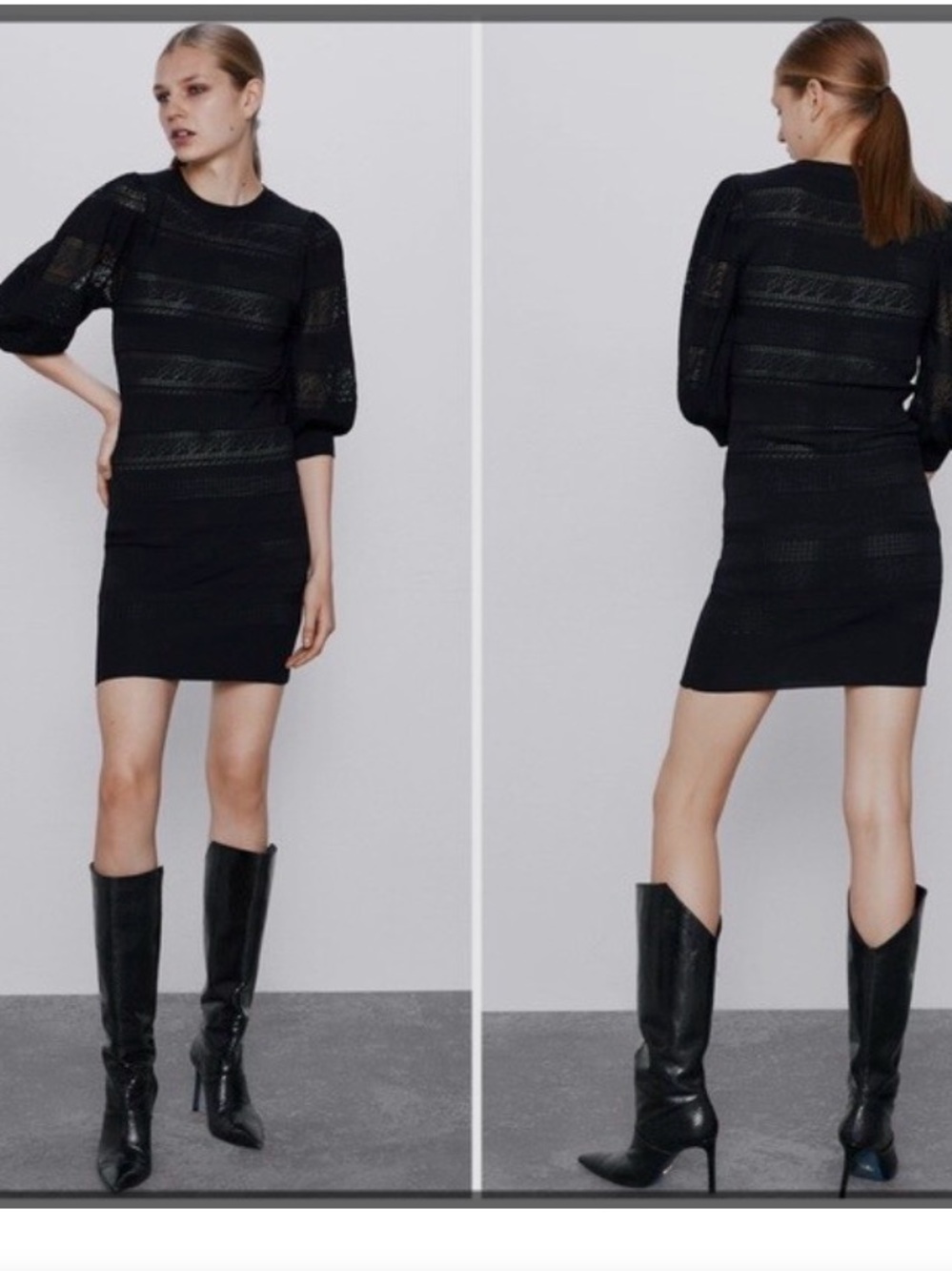 ZARA Women’s Black Knit Puff-Sleeve Mini Dress Size Small